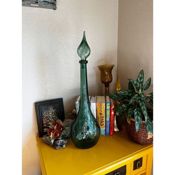 Empoli Other - Vintage Quilted Empoli Glass Green Geni Bottle Decanter with Stopper